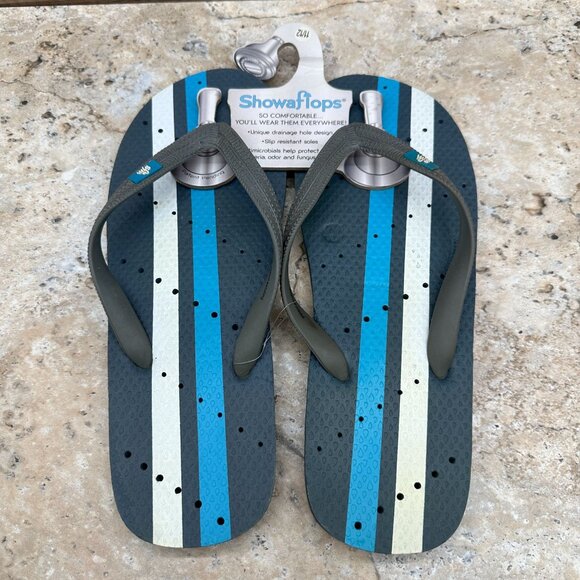 Showaflops Sandals Mens 11-12 Blue Striped Antimicrobial Slides Flip Flops - Picture 2 of 11